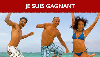Image de trois personnes en maillot de bain sautant de joie sur une plage, accompagné du texte "JE SUIS GAGNANT" en blanc sur fond rouge.