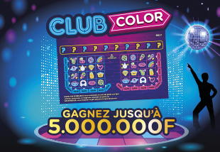 Affiche du jeu Club Color avec un ticket de jeu coloré et le texte 'Gagnez jusqu'à 5.000.000 F' en jaune sur fond bleu avec des lumières de discothèque et une silhouette de danseur.